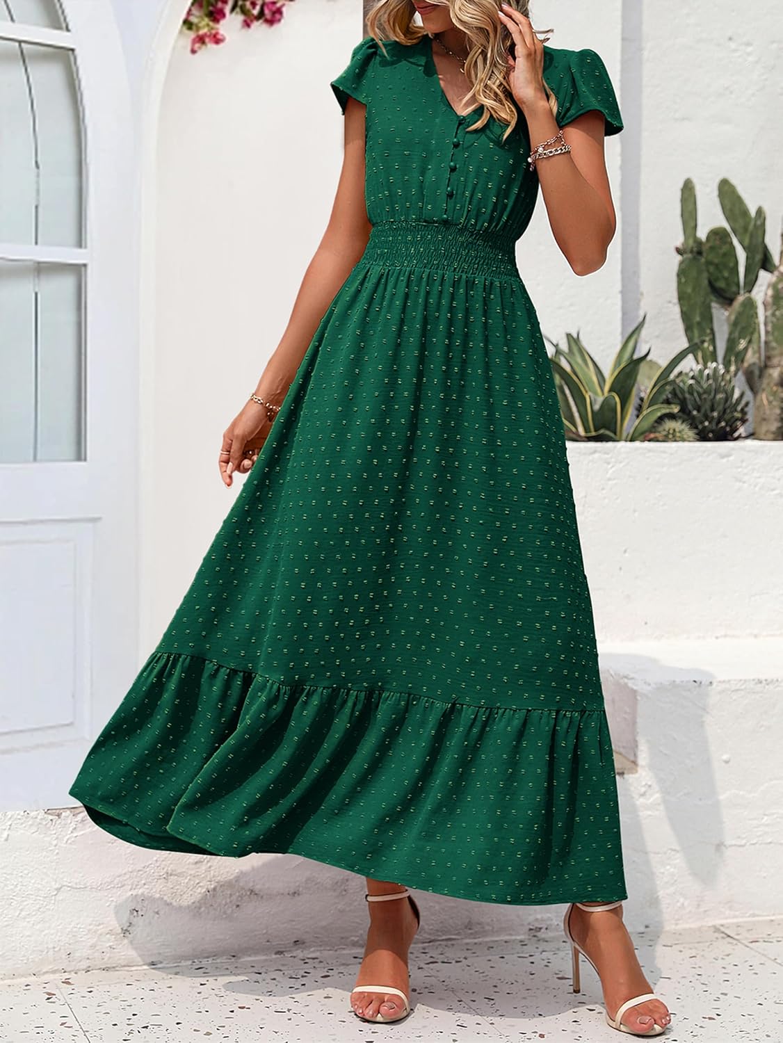 PRETTYGARDEN Womens Dresses 2025 Summer Maxi Dress Boho Short Sleeve V Neck Swiss Dot Ruffle Tiered Smocked Flowy Long Dress