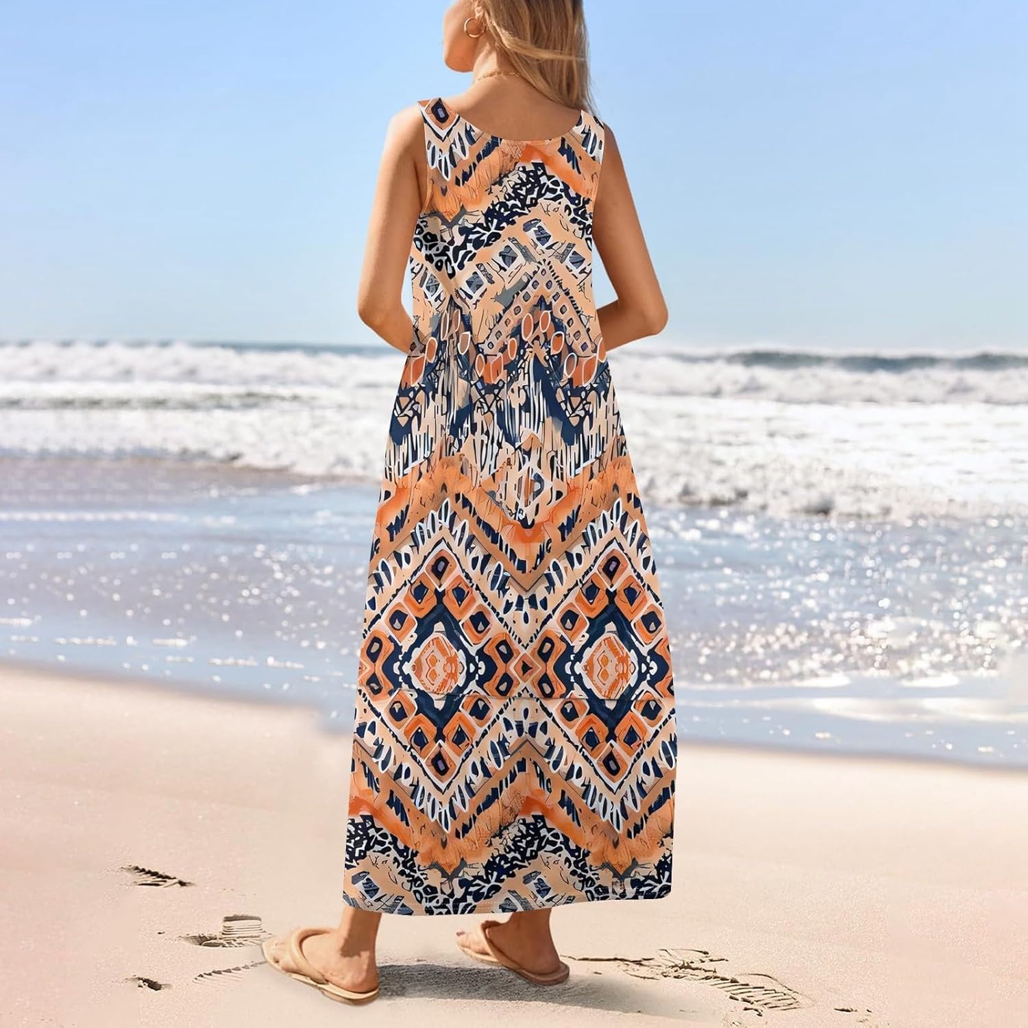 Womens Summer Tank Dress Vacation Boho Floral Long Dresses with Pockets Resort Wear Swing Beach Sleeveless Sundress