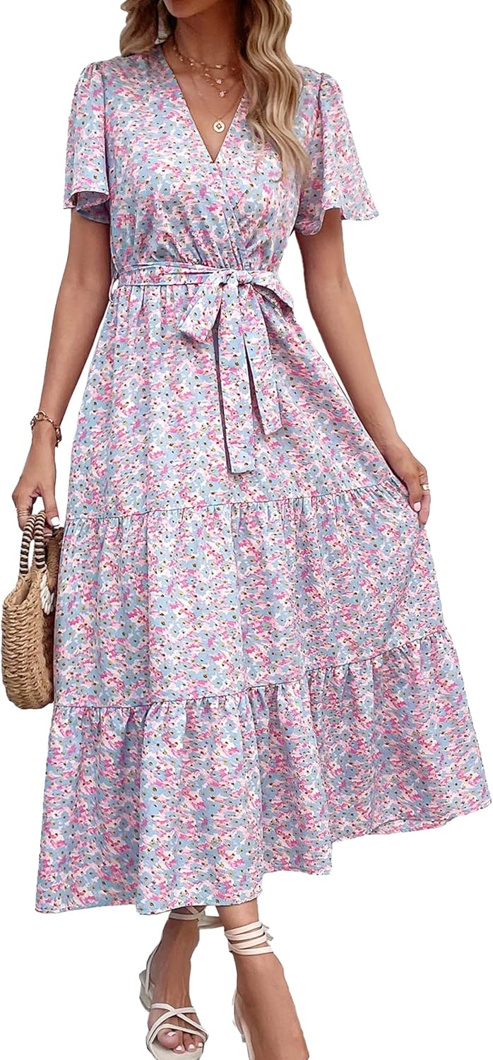 MASCOMODA Womens Boho Swiss Dot Maxi Dresses Wrap V Neck Flutter Short Sleeve Solid Tie Belt A Line Tiered Flowy Long Dress