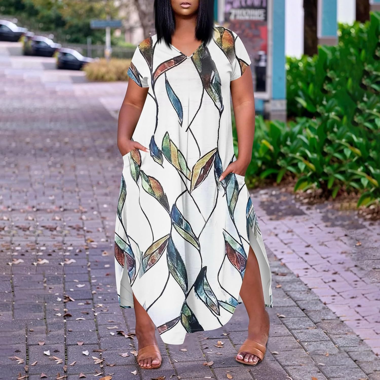 Maxi Dresses for Women 2025 Plus Size Tie Dye V Neck Dress Short Sleeve Side Split Beach Summer Sundress with Pocket