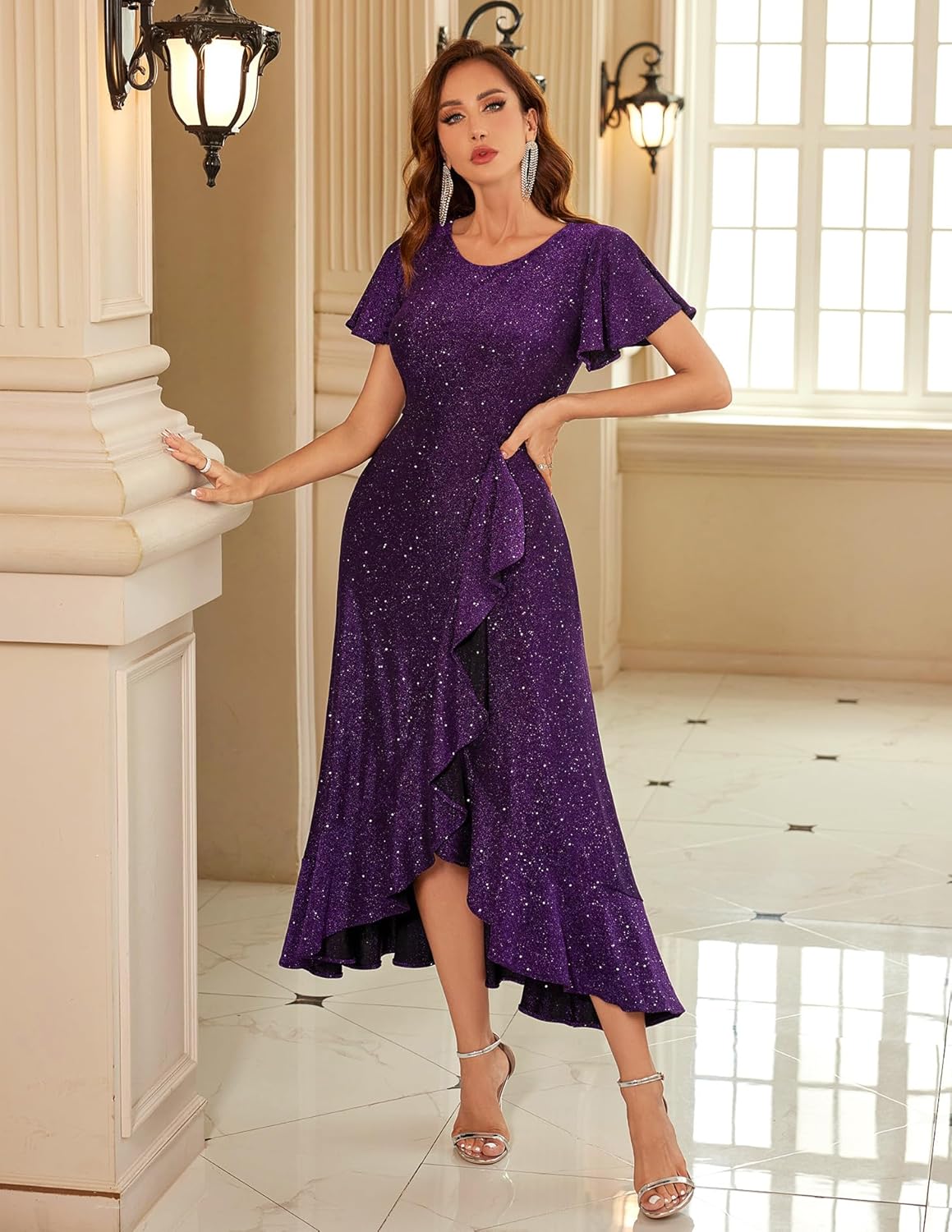 BeryLove Women Sequin Formal Party Dress Flutter Short Sleeve Wedding Cocktail Long Evening Dress