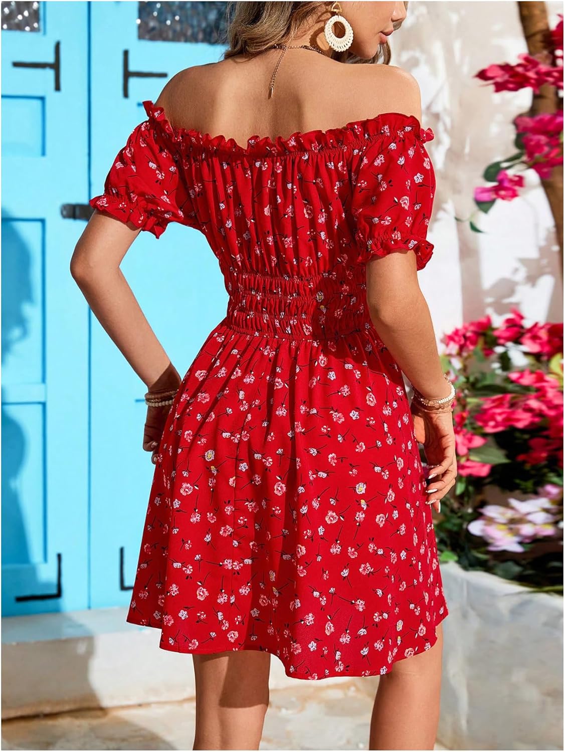 Milumia Women's Floral Off Shoulder Puff Sleeve Short Dress Boho Frill Trim A Line Mini Dresses