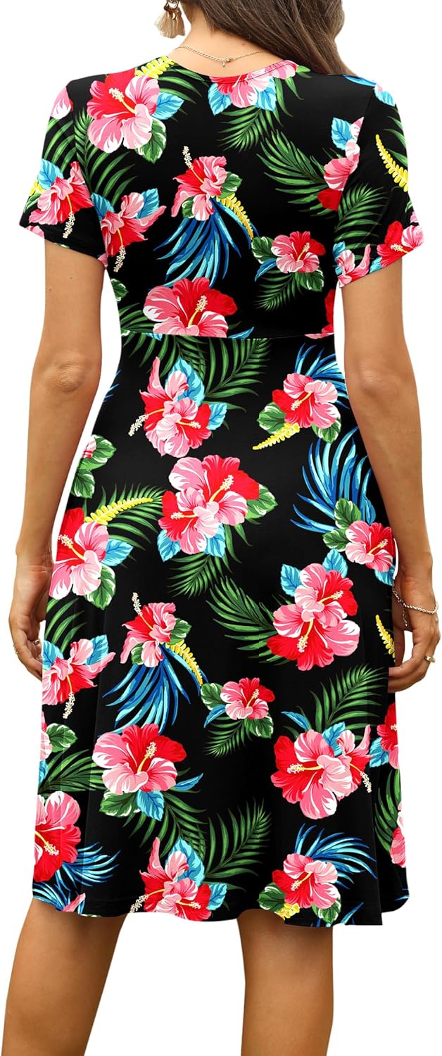 WEACZZY Women's Summer Short Sleeve Casual Dresses V-Neck Floral Party Dress with Pockets