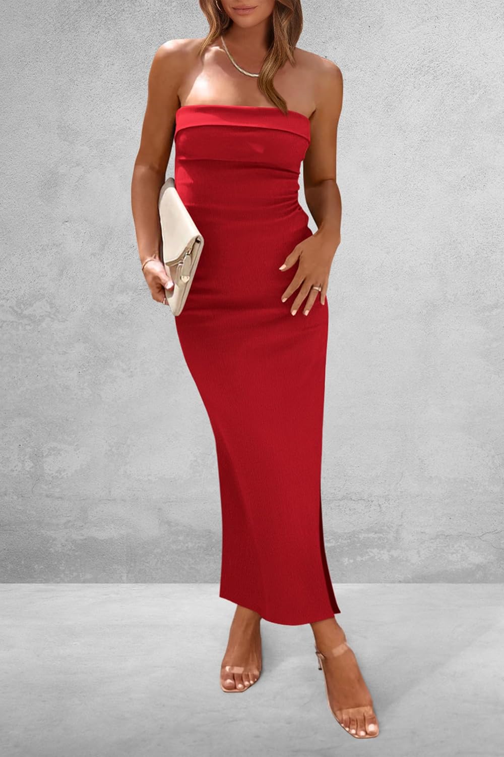 PRETTYGARDEN Women's Summer Bodycon Maxi Tube Dress Ribbed Strapless Side Slit Long Going Out Casual Elegant Party Dresses
