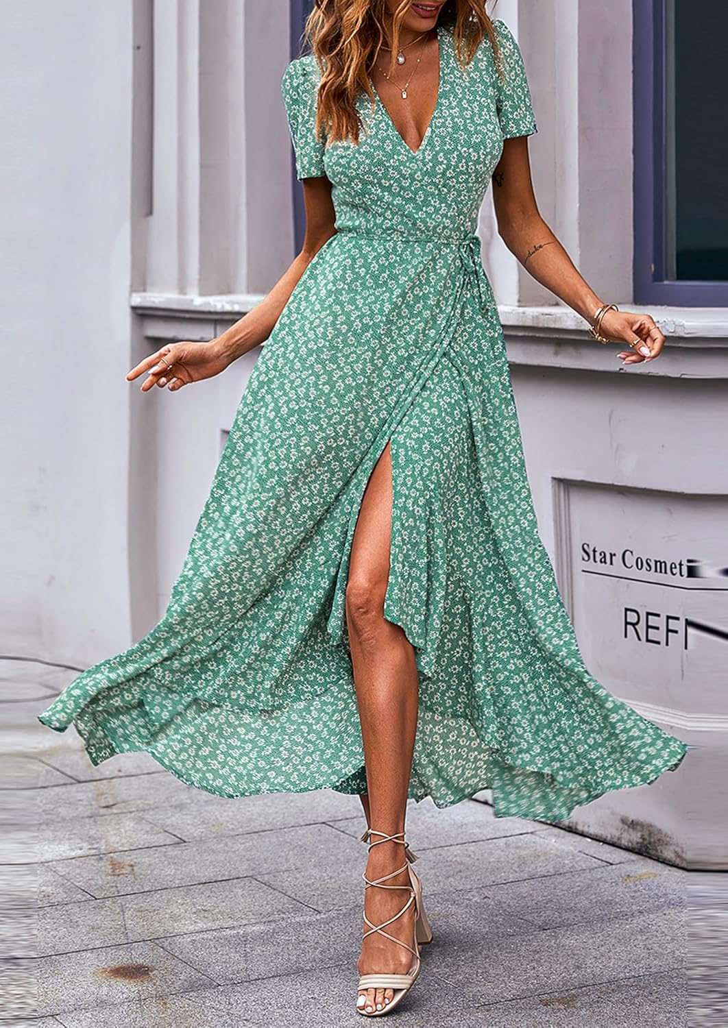 PRETTYGARDEN Women's Summer Wrap Maxi Dress Casual Short Sleeve Floral Boho V Neck Split Ruffle Beach Long Dresses