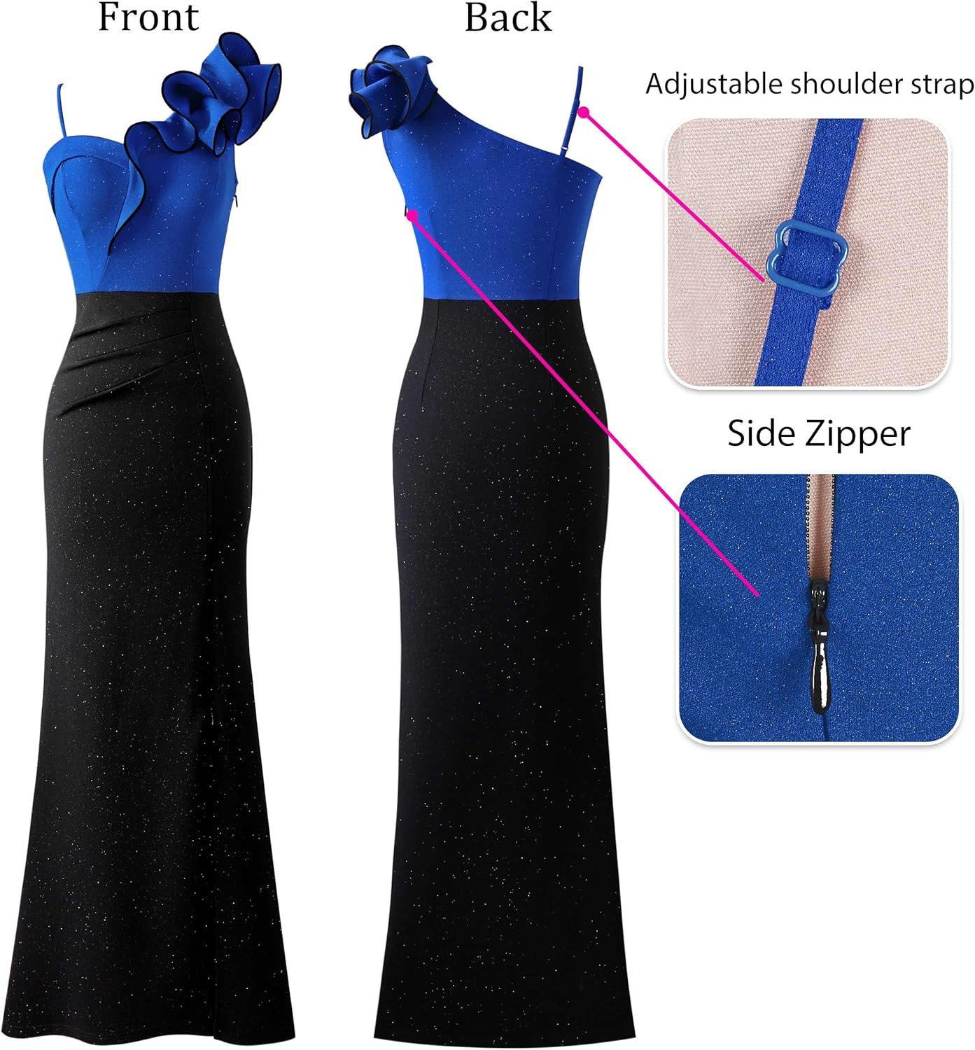 VFSHOW Womens Ruffle One Shoulder Strap Ruched Formal Prom Wedding Maxi Dress V Neck Elegant Split Cocktail Evening Long Gown