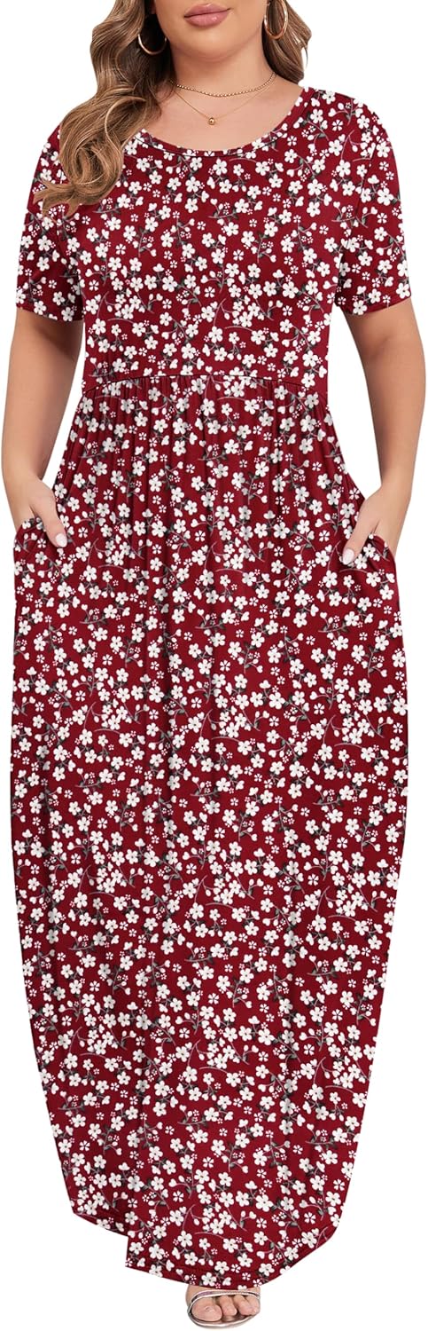 KARALIN Women’s Plus Size Maxi Dresses for Curvy Women Summer Casual Short Sleeve 2025 Long Dress 14W-26W