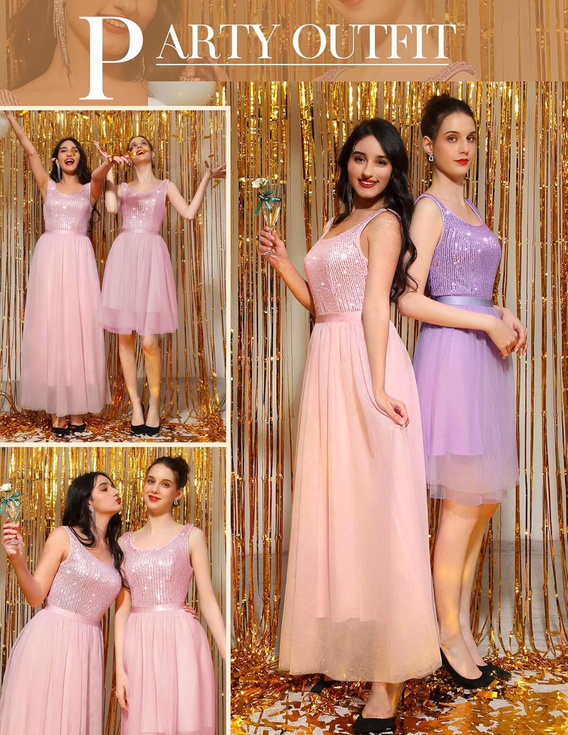 BeryLove Sequin Dress for Woman Vintage A Line Wedding Formal Swing Mesh Dress Sleeveless Cocktail Maxi Gowns