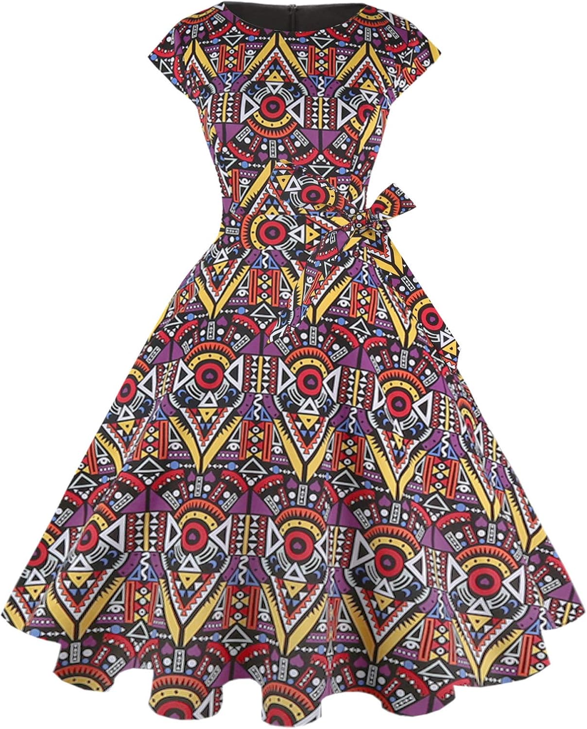 PUKAVT Women's 1950 Boatneck Cap Sleeve Vintage Swing Cocktail Party Dress with Pockets