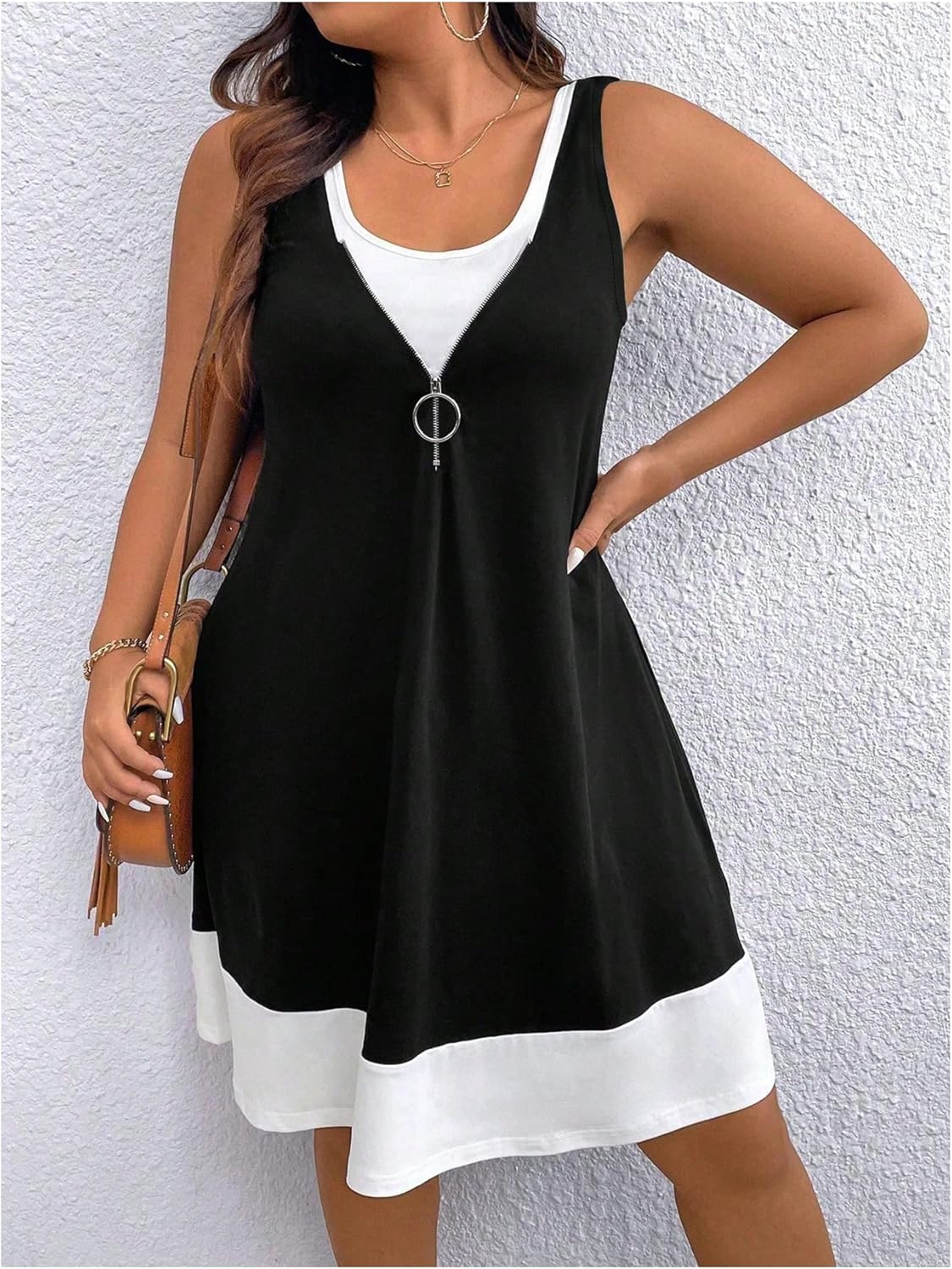 Verdusa Women's Plus Size Summer Dress Color Block Quarter Zip Tank Dress Sleeveless Short Dresses