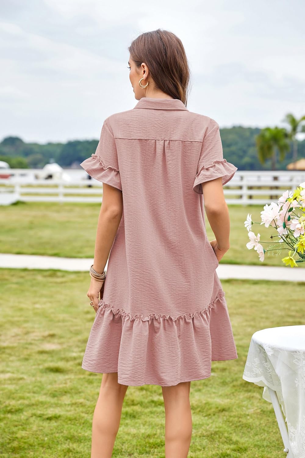 CCTOO Women's Summer Dresses Casual V Neck Button Down 3/4 Sleeve Floral Print Loose Flowy Shirt Dress