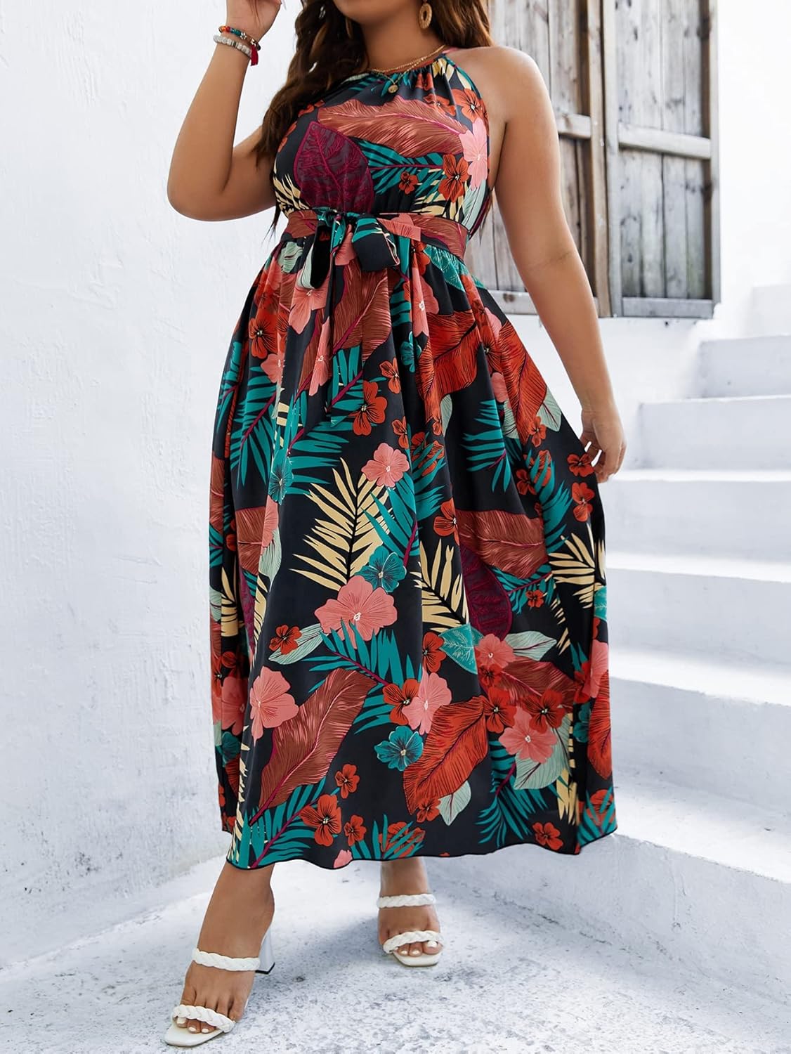 Floerns Women's Plus Size Boho Sleeveless Halter Neck Tie Back A Line Long Dress