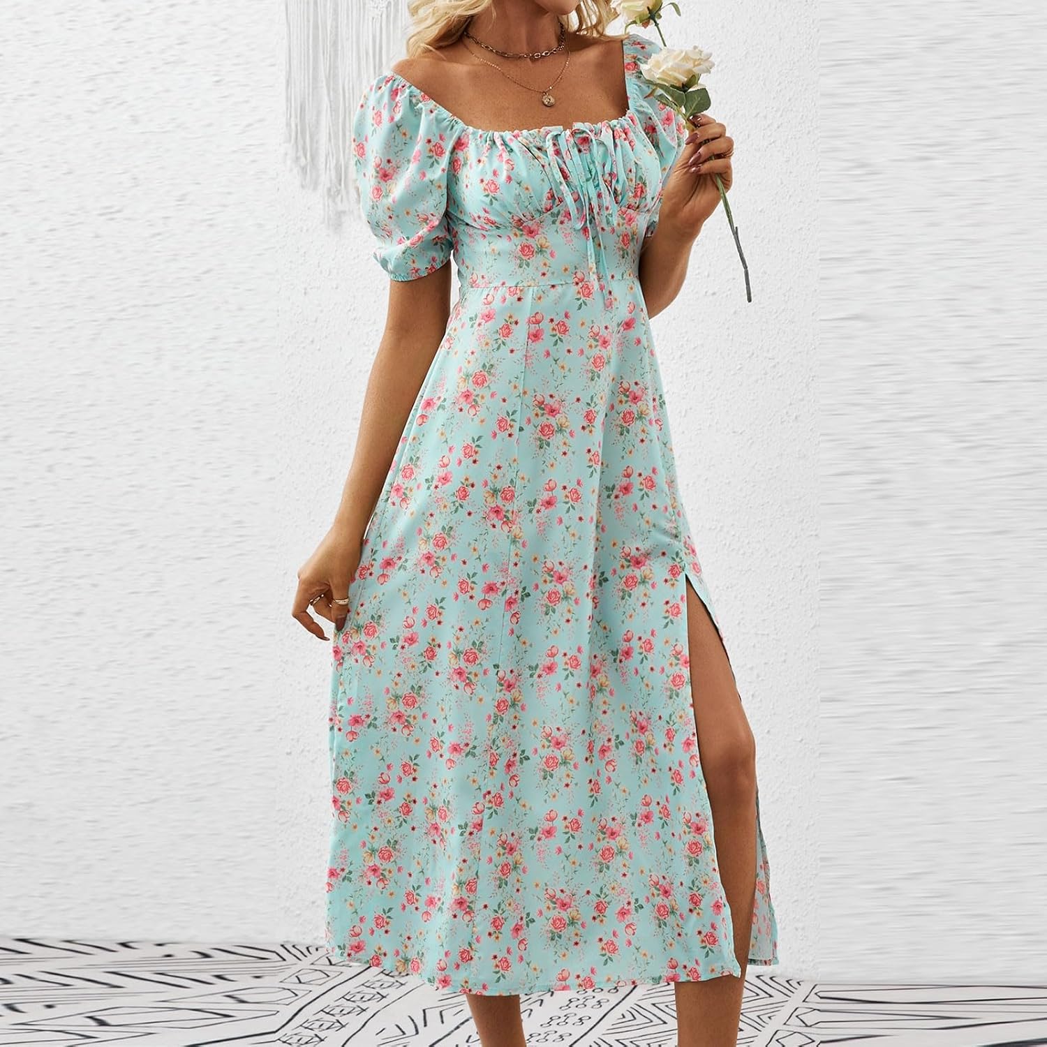 Women's Sundresses 2025 Summer Casual Loose Trendy Bubble Sleeve Square Neck Split Bow Floral Print Dress Plus Size, XS-3XL