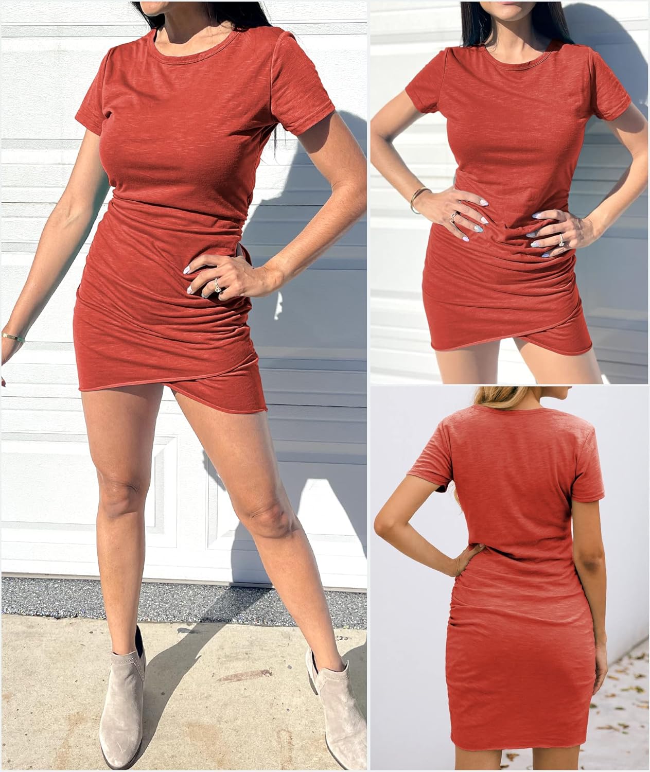 BTFBM Women's 2025 Summer Casual Beach Dresses Crew Neck Short Sleeve Wrap Party Club Mini Ruched Bodycon T Shirt Dress