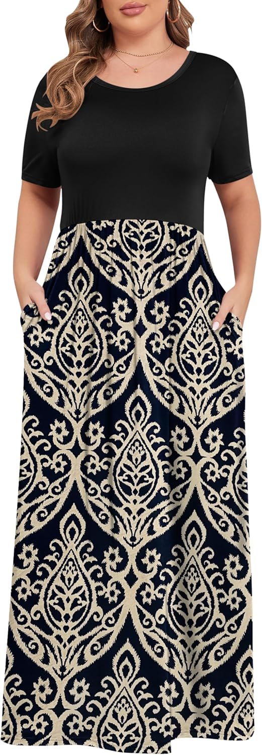 KARALIN Women’s Plus Size Maxi Dresses for Curvy Women Summer Casual Short Sleeve 2025 Long Dress 14W-26W