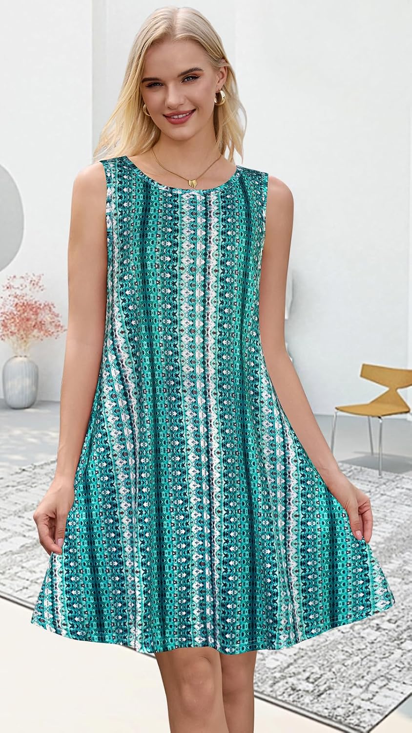 Summer Dresses for Women Beach Boho Sleeveless Vintage Floral Flowy Pocket Tshirt Tank Sundresses