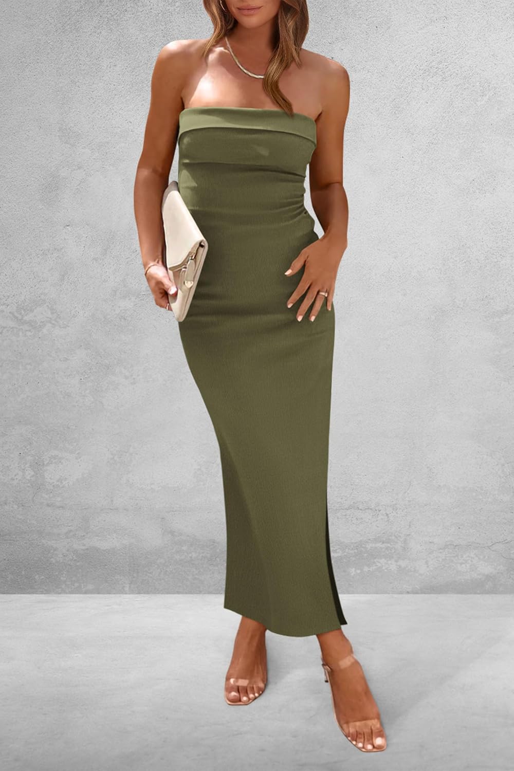 PRETTYGARDEN Women's Summer Bodycon Maxi Tube Dress Ribbed Strapless Side Slit Long Going Out Casual Elegant Party Dresses