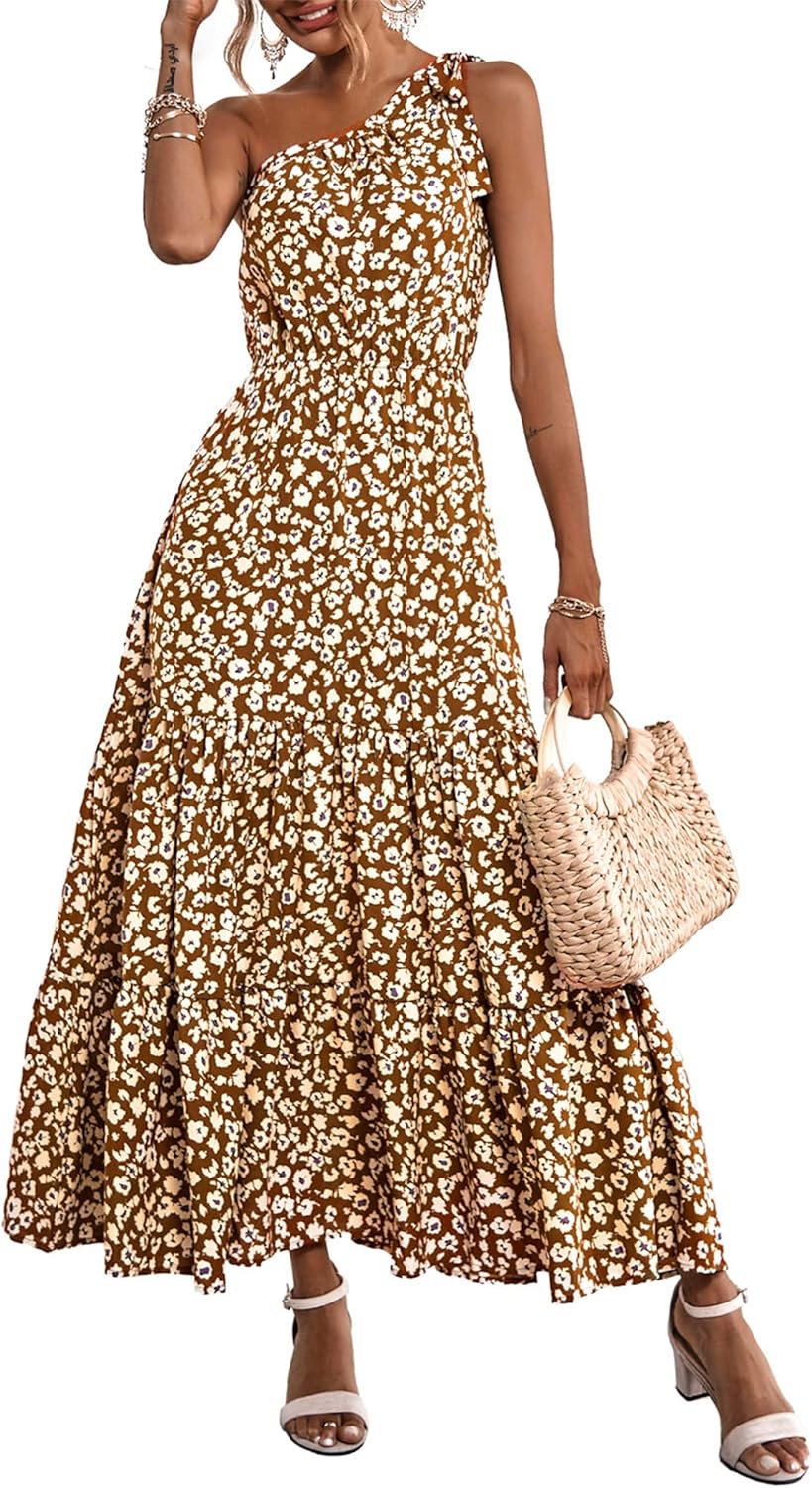 PRETTYGARDEN Women's Summer Floral Maxi Dress Knot One Shoulder Sleeveless Ruffle Flowy Boho Beach Wedding Guest Dresses