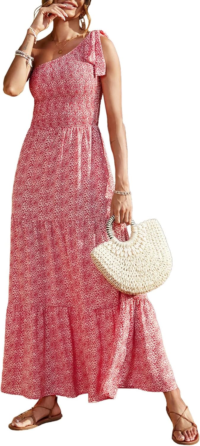 PRETTYGARDEN Women's Summer Floral Maxi Dress Knot One Shoulder Sleeveless Ruffle Flowy Boho Beach Wedding Guest Dresses