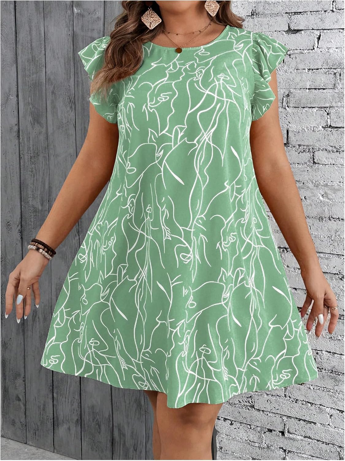 SOLY HUX Women's Plus Size Summer Dress Graphic Print Ruffle Cap Sleeve Loose Short Dresses