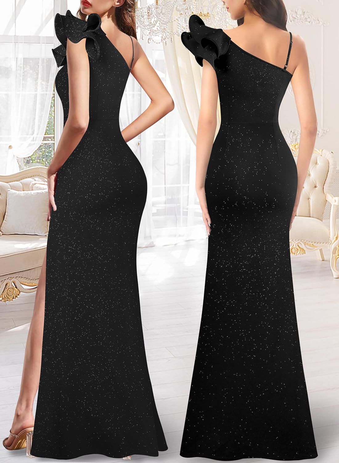 VFSHOW Womens Ruffle One Shoulder Strap Ruched Formal Prom Wedding Maxi Dress V Neck Elegant Split Cocktail Evening Long Gown
