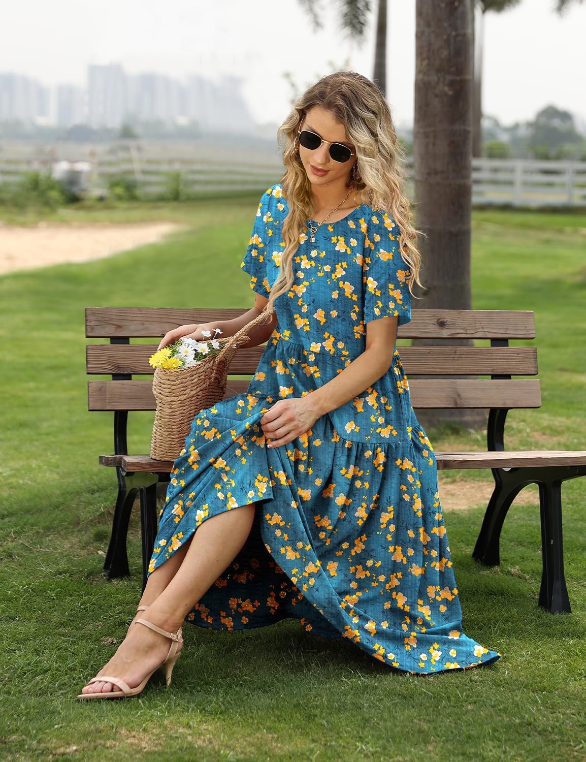 YESNO Women Casual Loose Bohemian Floral Dress with Pockets Short Sleeve Long Maxi Summer Beach Swing Dress EJF
