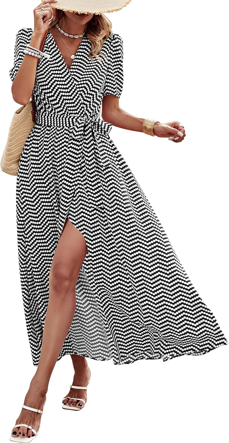 PRETTYGARDEN Women's Summer Wrap Maxi Dress Casual Short Sleeve Floral Boho V Neck Split Ruffle Beach Long Dresses
