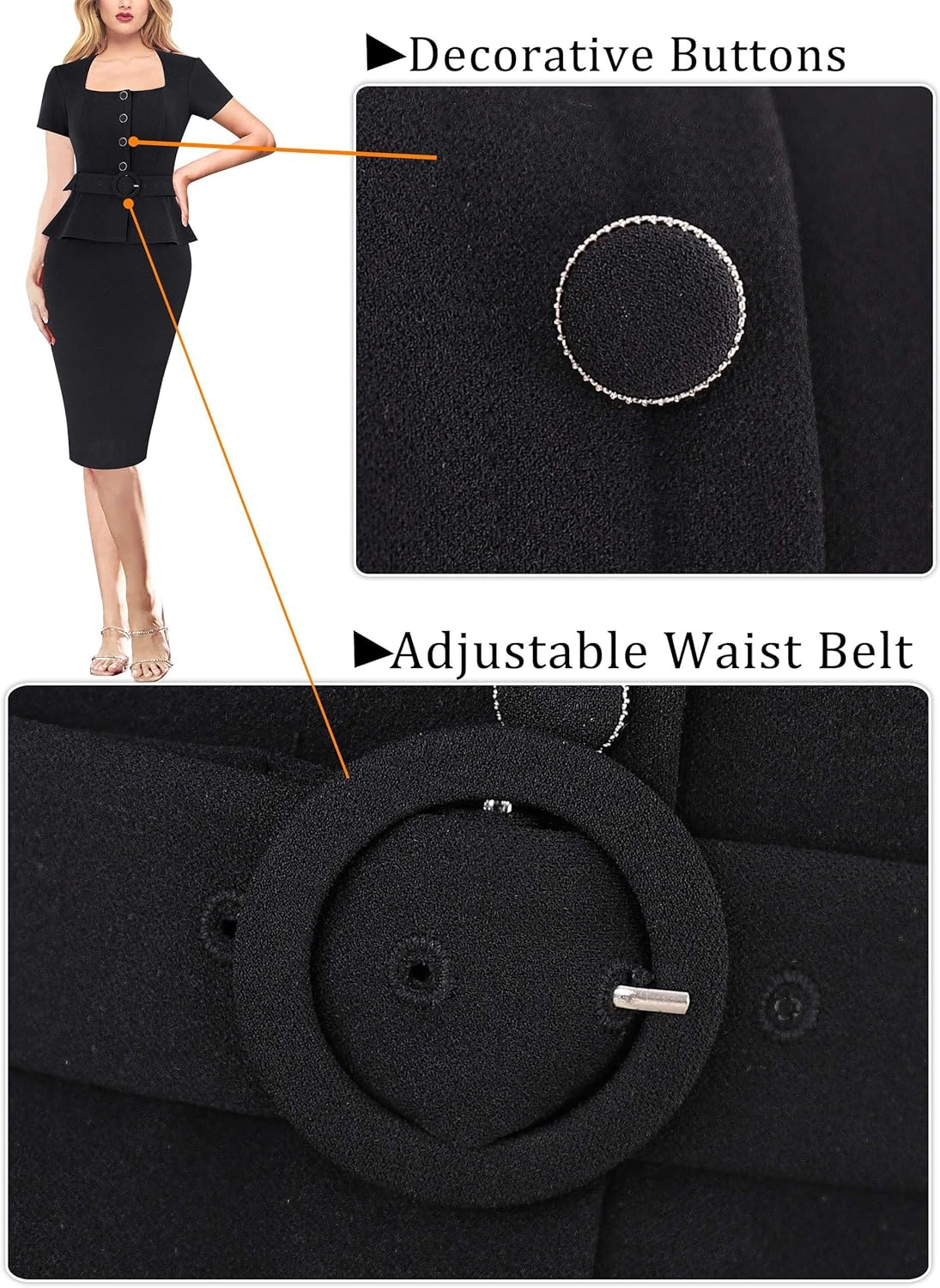 VFSHOW Womens 2024 Business Work Office Square Neck Belted Peplum Buttons Slim Bodycon Sheath Dress