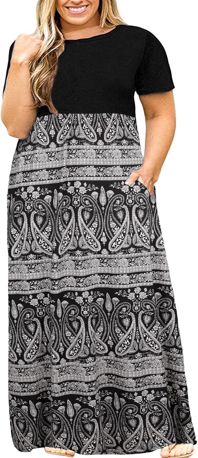 Kancystore Women's Short Sleeve Plus Size Maxi Dress with Pockets Loose Casual Summer Dresses