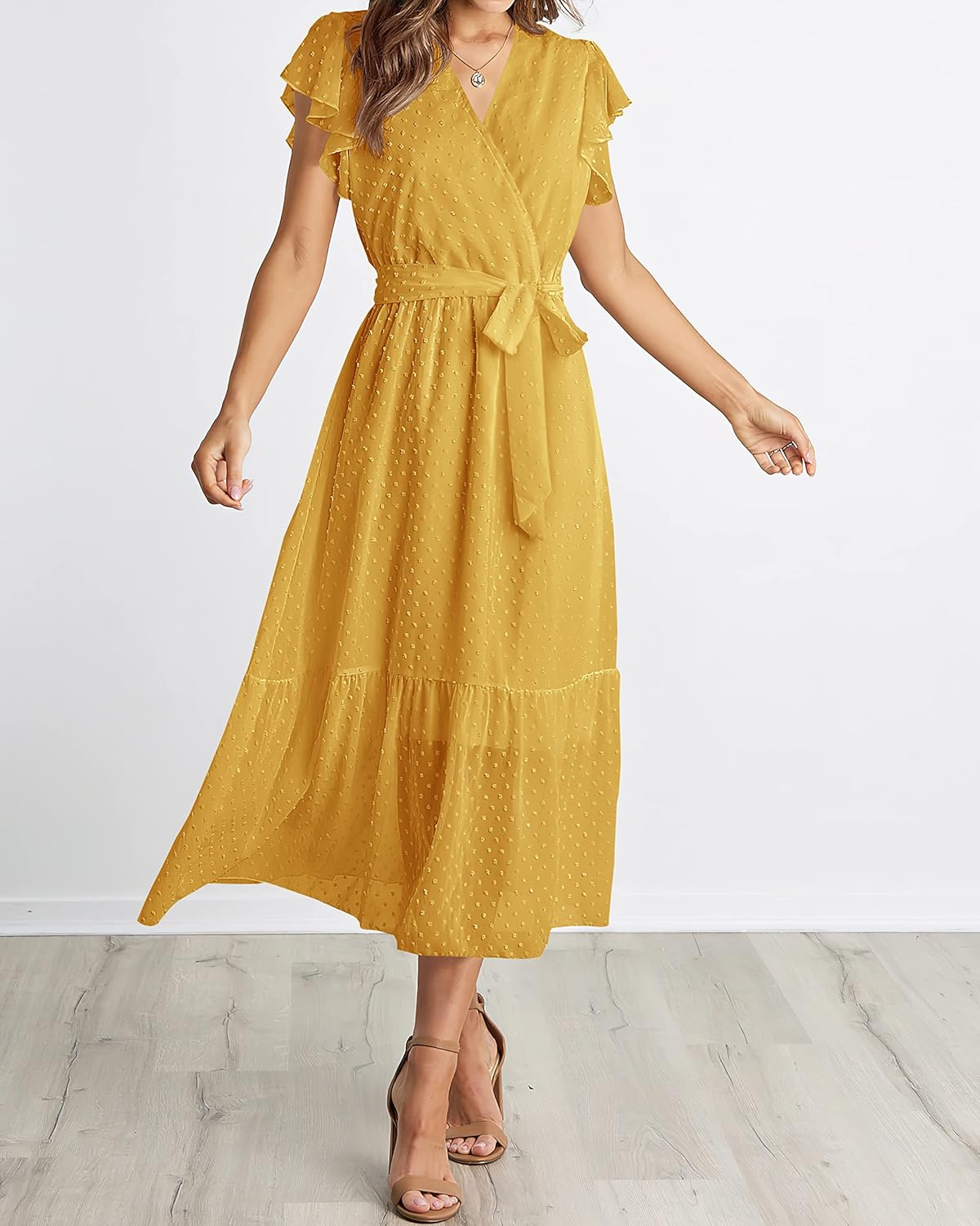 BTFBM Women Summer Bohemian Floral Casual Wrap V Neck Ruffle Cap Sleeveless Belt A-Line Pleated Hem Midi Sun Dress White