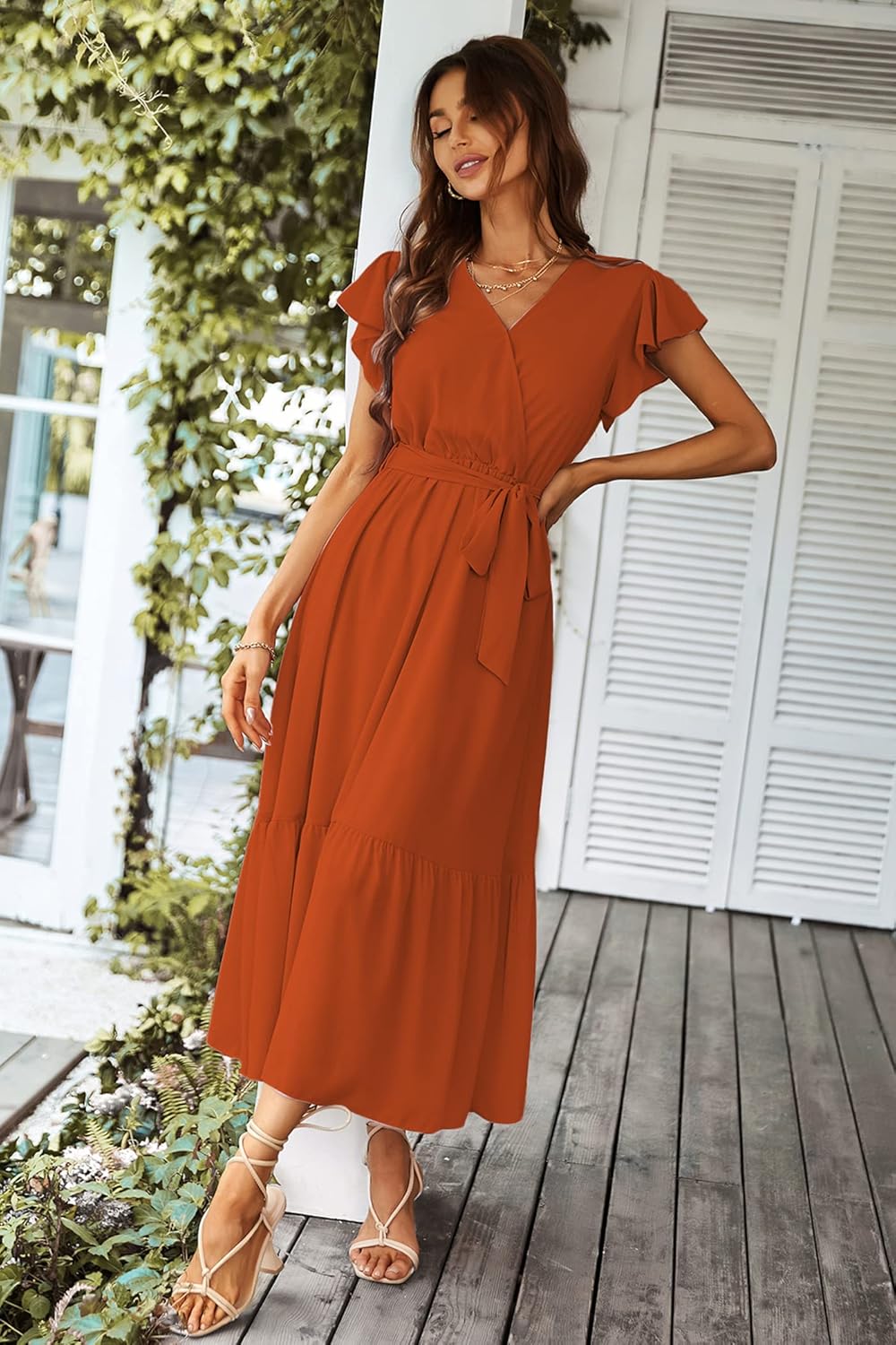 PRETTYGARDEN Women's Summer Floral Boho Dress Wrap V Neck Short Sleeve Ruffle A-Line Flowy Maxi Wedding Guest Dresses