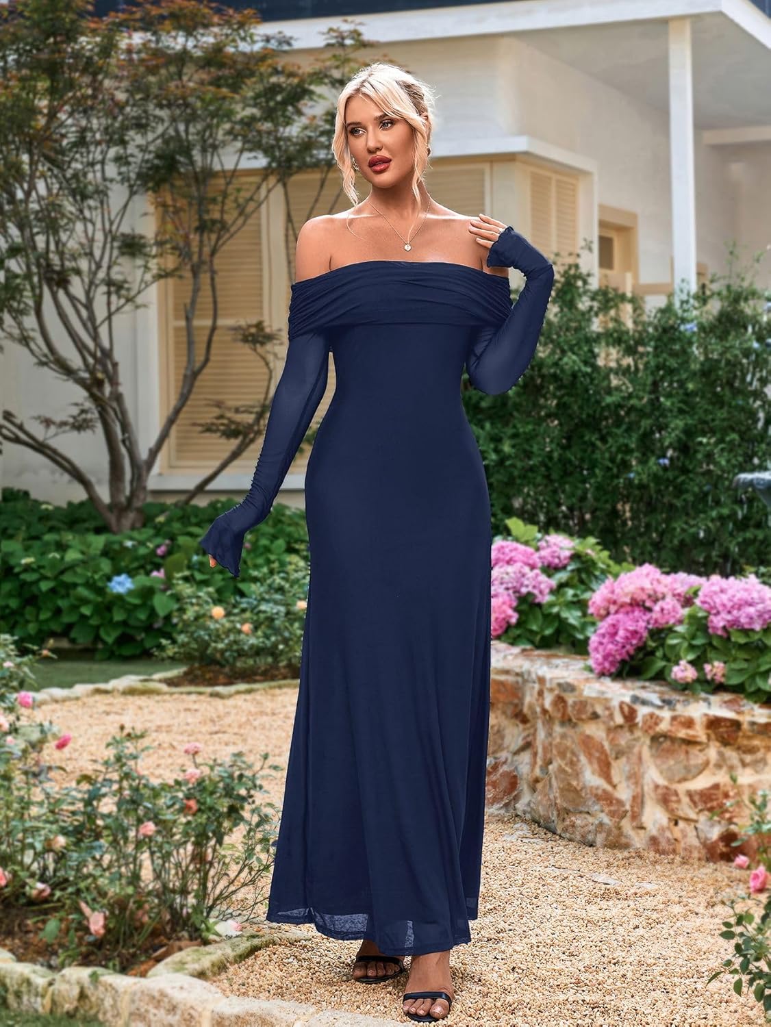 KUTUMAI Women Off Shoulder Bodycon Maxi Dress Long Sleeve Mesh Ruched Party Formal Wedding Guest Dresses