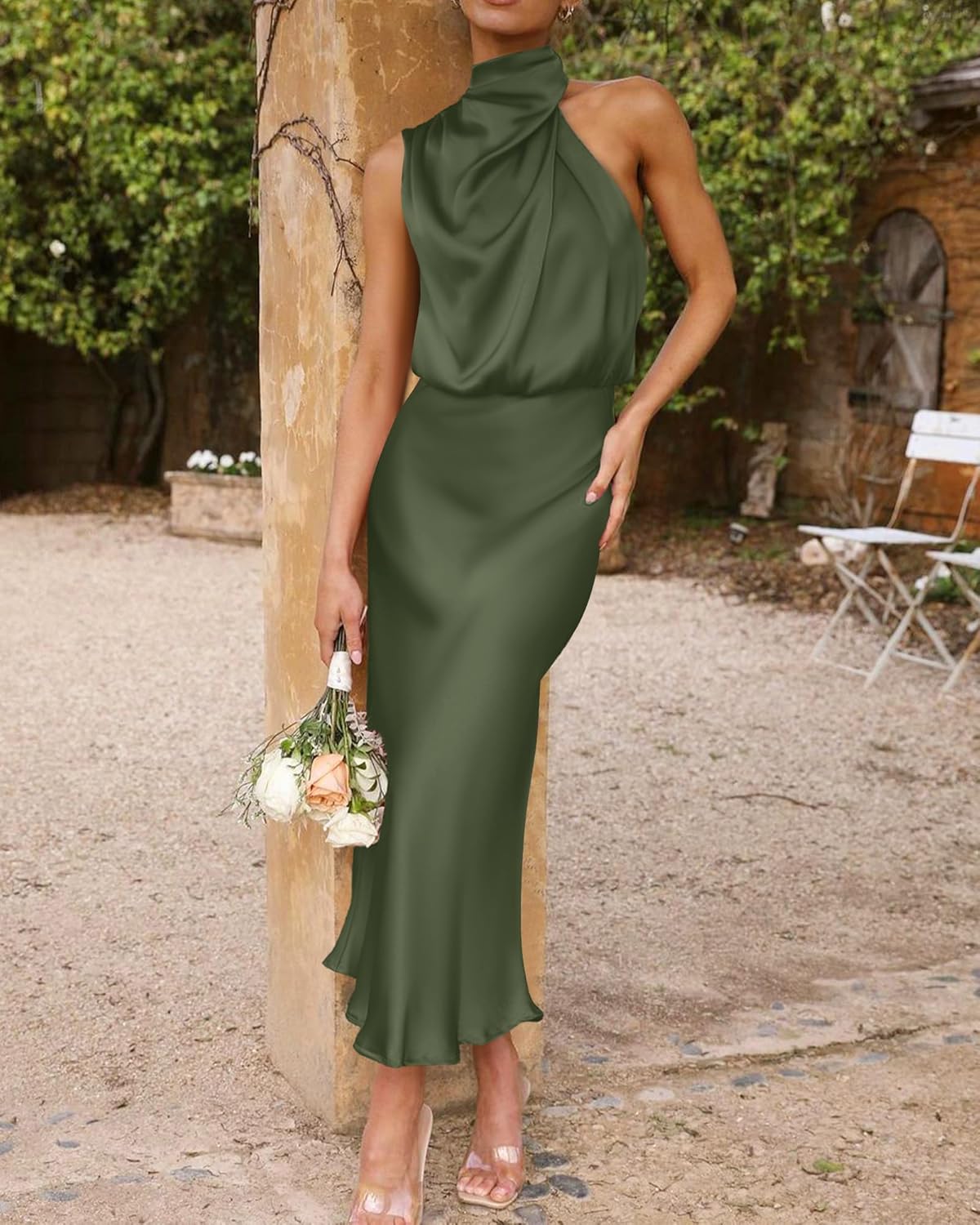 BTFBM Womens Sleeveless Cocktail Dresses Mock Neck Keyhole Elastic High Waist Evening Party Maxi Wedding Guest Dress