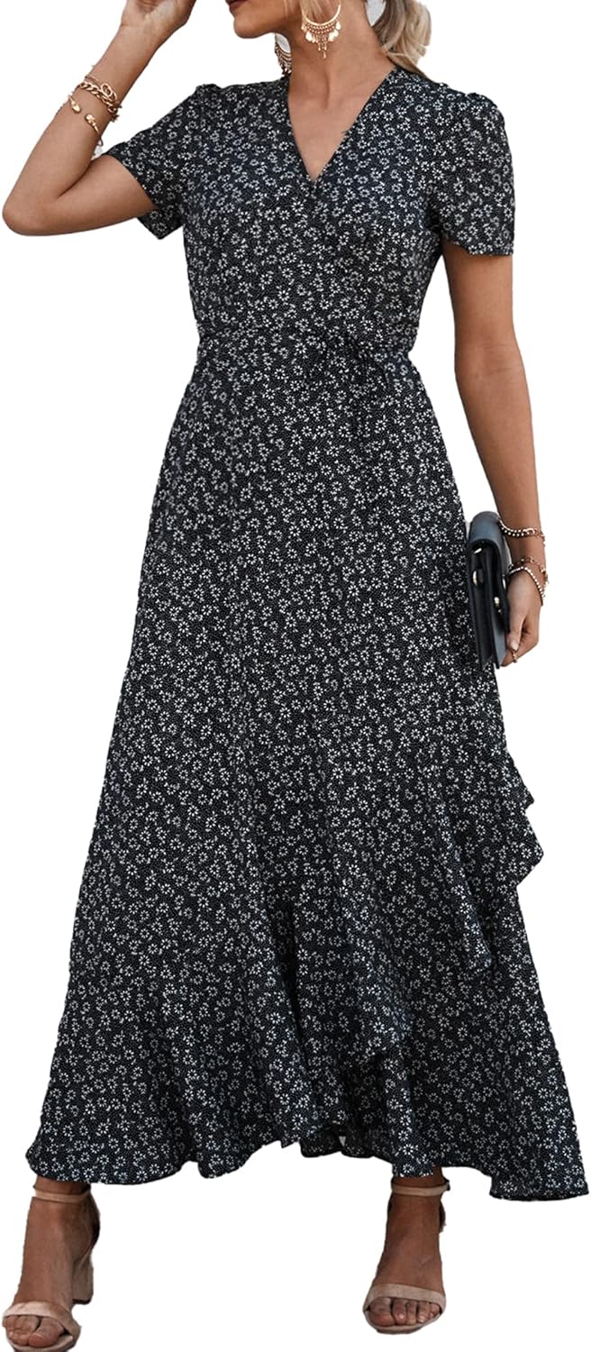PRETTYGARDEN Women's Summer Wrap Maxi Dress Casual Short Sleeve Floral Boho V Neck Split Ruffle Beach Long Dresses