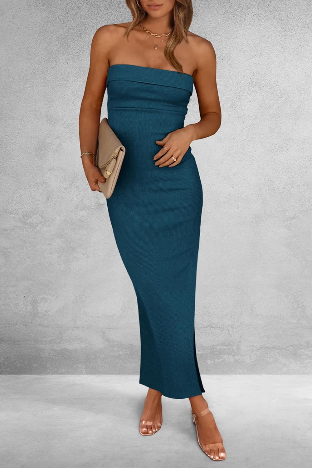 PRETTYGARDEN Women's Summer Bodycon Maxi Tube Dress Ribbed Strapless Side Slit Long Going Out Casual Elegant Party Dresses