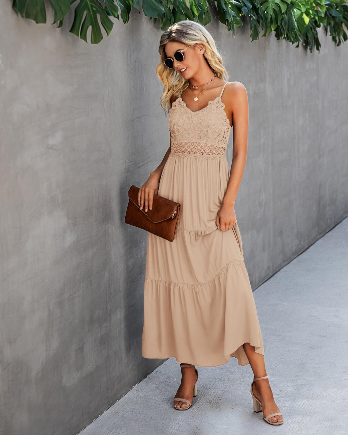 Dokuritu Women's Beach Crochet Lace Maxi Dress Solid Color Summer Vacation Spaghetti Strap Long Dress 2024
