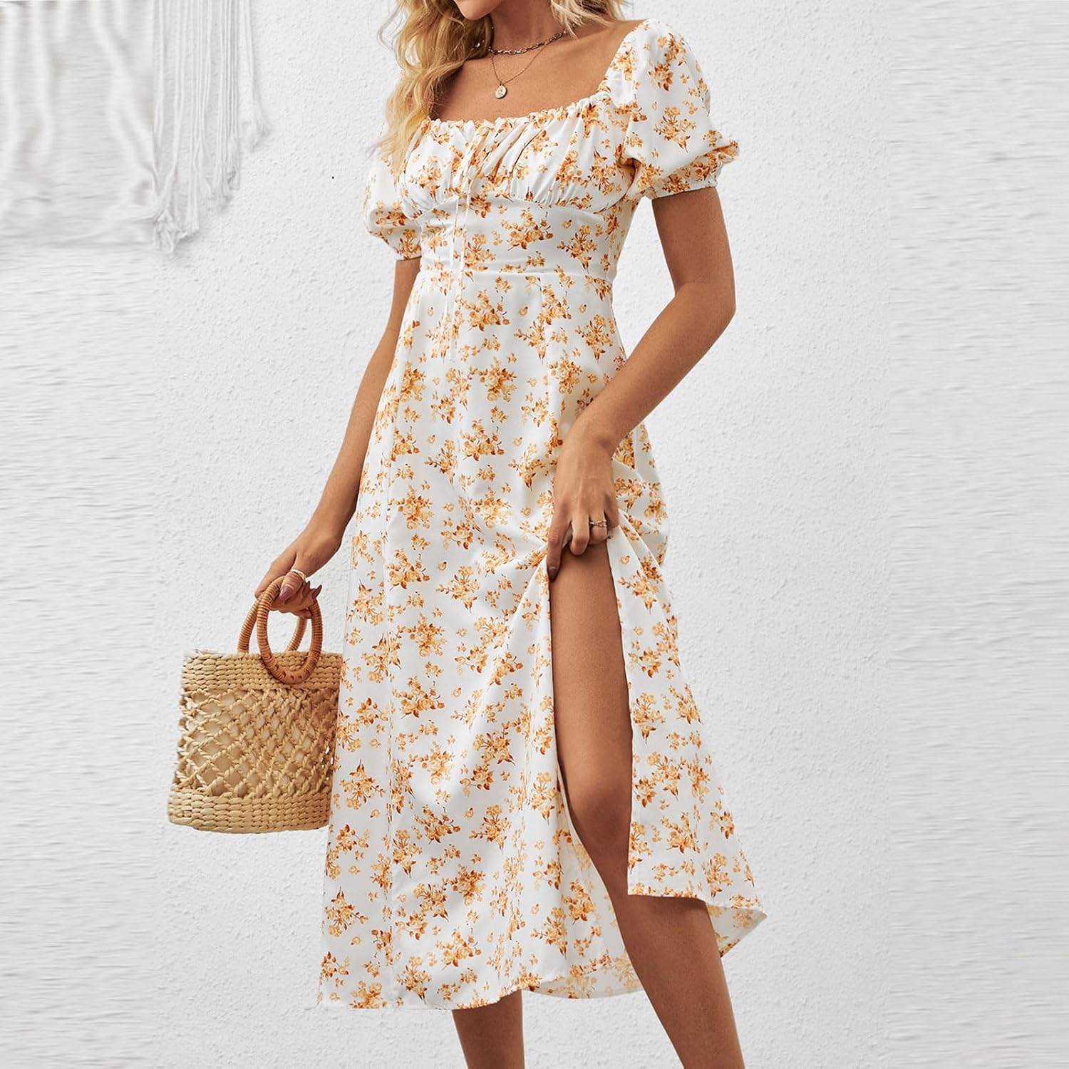 Women's Sundresses 2025 Summer Casual Loose Trendy Bubble Sleeve Square Neck Split Bow Floral Print Dress Plus Size, XS-3XL