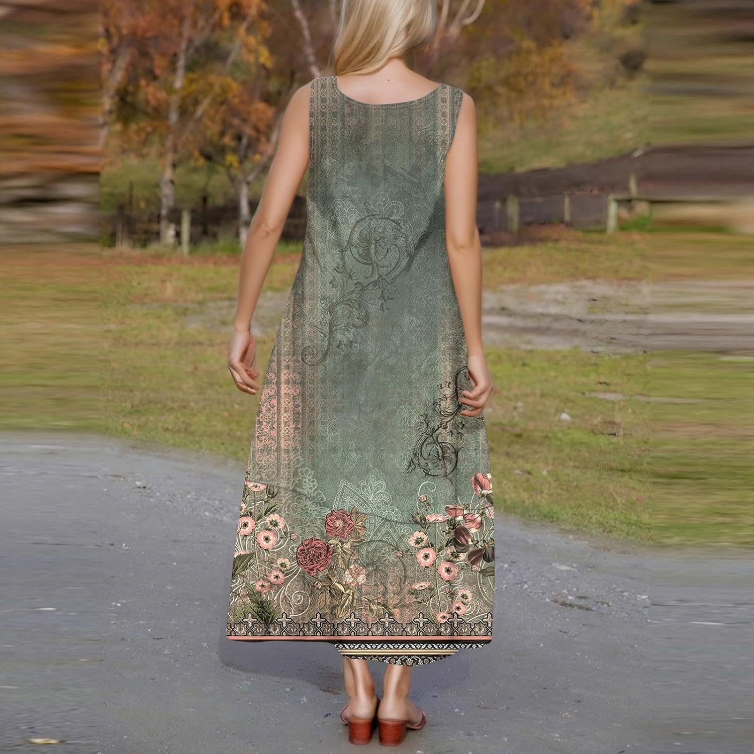 Womens Summer Tank Dress Vacation Boho Floral Long Dresses with Pockets Resort Wear Swing Beach Sleeveless Sundress
