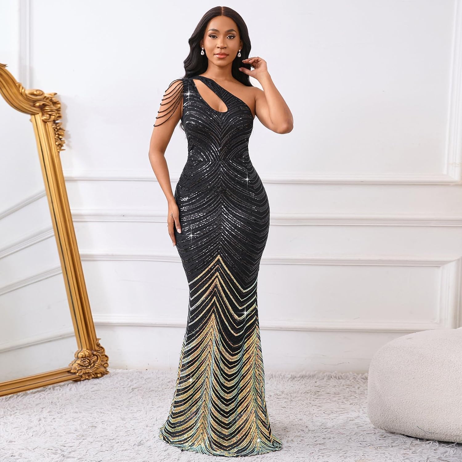 Cololura Women Sequin Elegant Sexy One Shoulder Tassel Mermaid Bodycon Cocktail Evening Dress