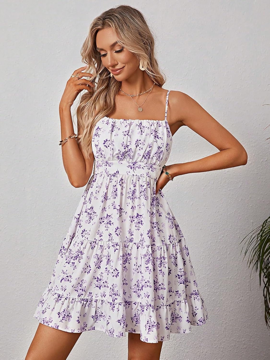 Verdusa Women's Floral Print Ruched Sleeveless Ruffle Hem A Line Swing Cami Dress