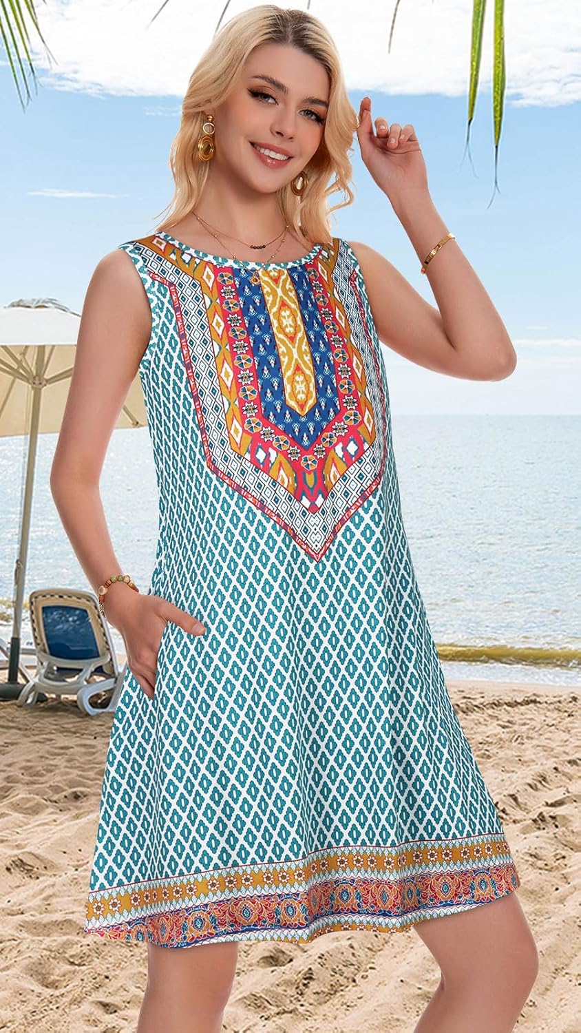 Summer Dresses for Women Beach Boho Sleeveless Vintage Floral Flowy Pocket Tshirt Tank Sundresses