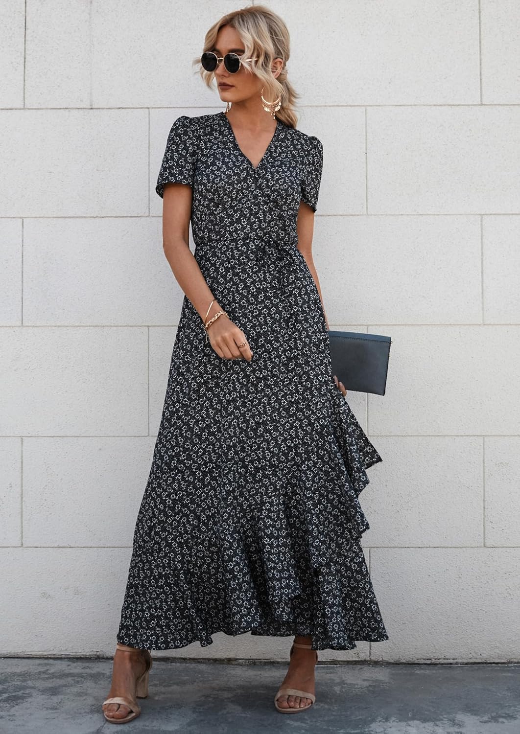 PRETTYGARDEN Women's Summer Wrap Maxi Dress Casual Short Sleeve Floral Boho V Neck Split Ruffle Beach Long Dresses