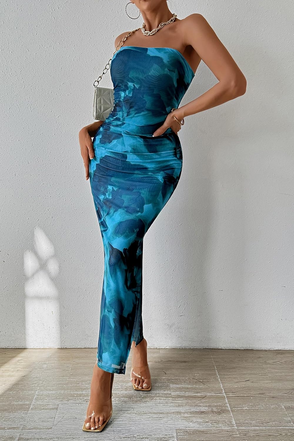 PRETTYGARDEN Women's Summer Maxi Bodycon Dresses Strapless Tube Top Printed Long Party Club Slit Dress