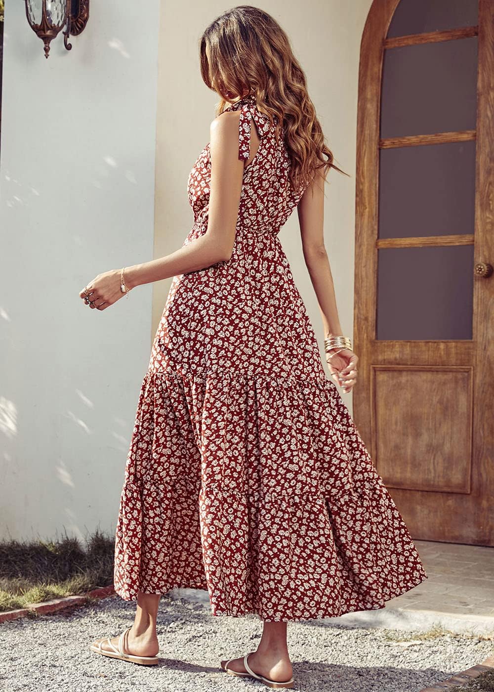 PRETTYGARDEN Women's Summer Floral Maxi Dress Knot One Shoulder Sleeveless Ruffle Flowy Boho Beach Wedding Guest Dresses