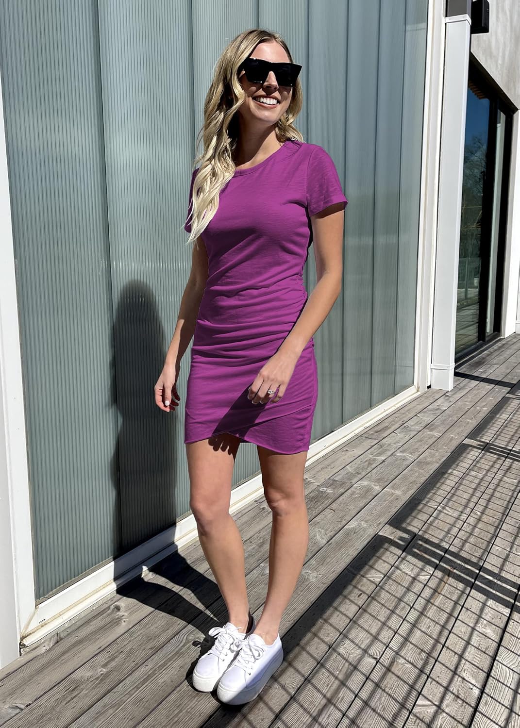 BTFBM Women's 2025 Summer Casual Beach Dresses Crew Neck Short Sleeve Wrap Party Club Mini Ruched Bodycon T Shirt Dress