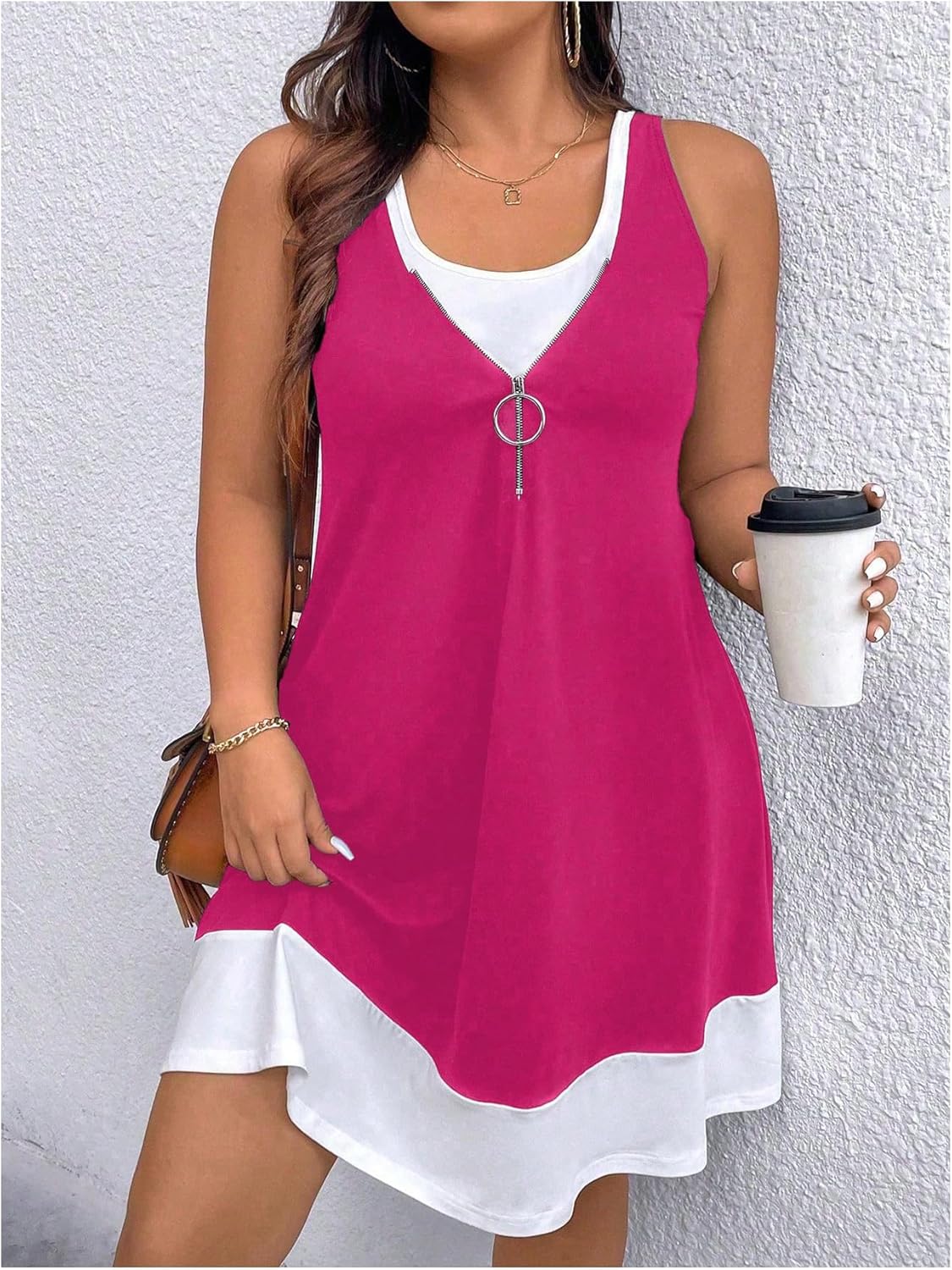 Verdusa Women's Plus Size Summer Dress Color Block Quarter Zip Tank Dress Sleeveless Short Dresses