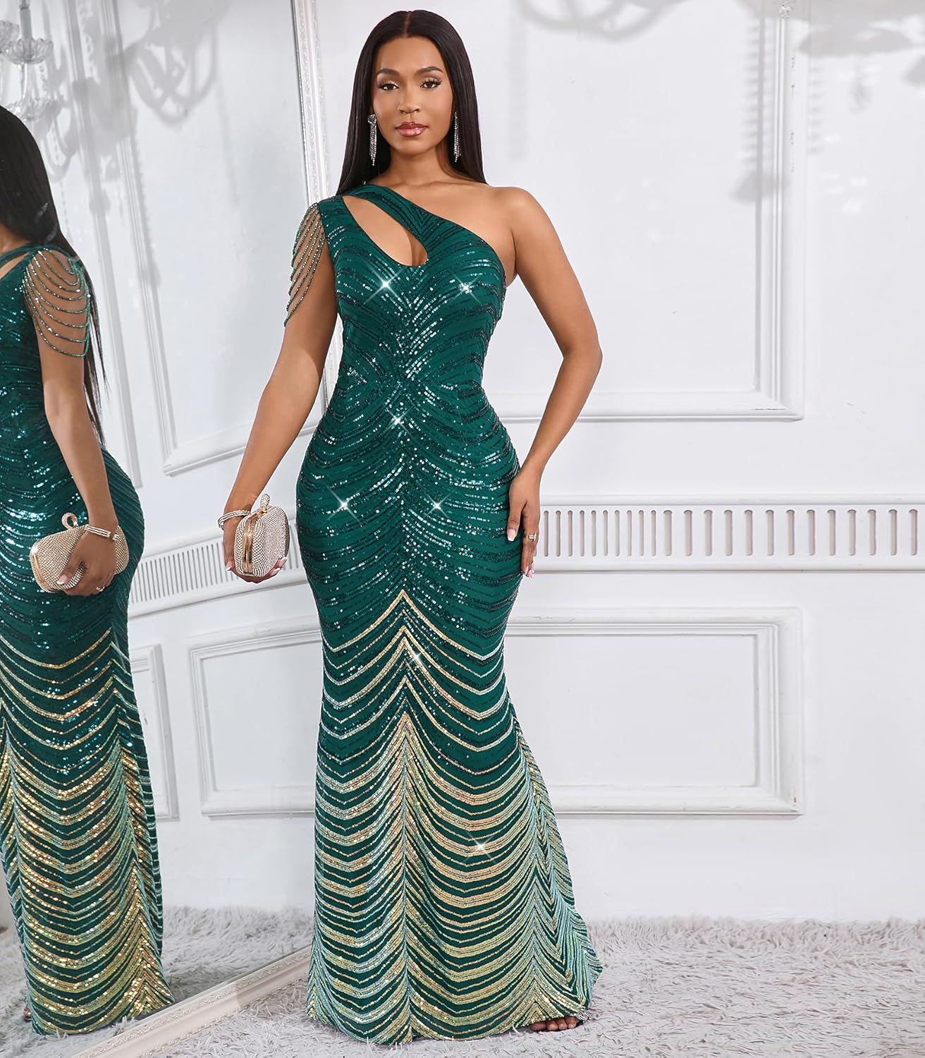 Cololura Women Sequin Elegant Sexy One Shoulder Tassel Mermaid Bodycon Cocktail Evening Dress