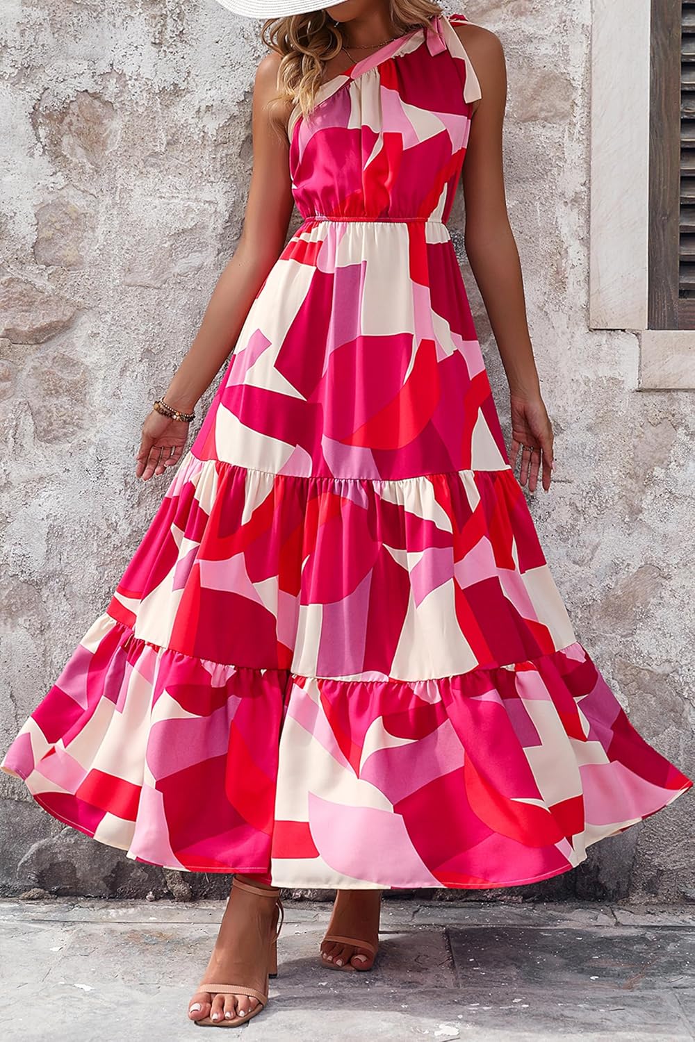 PRETTYGARDEN Women's Summer Floral Maxi Dress Knot One Shoulder Sleeveless Ruffle Flowy Boho Beach Wedding Guest Dresses