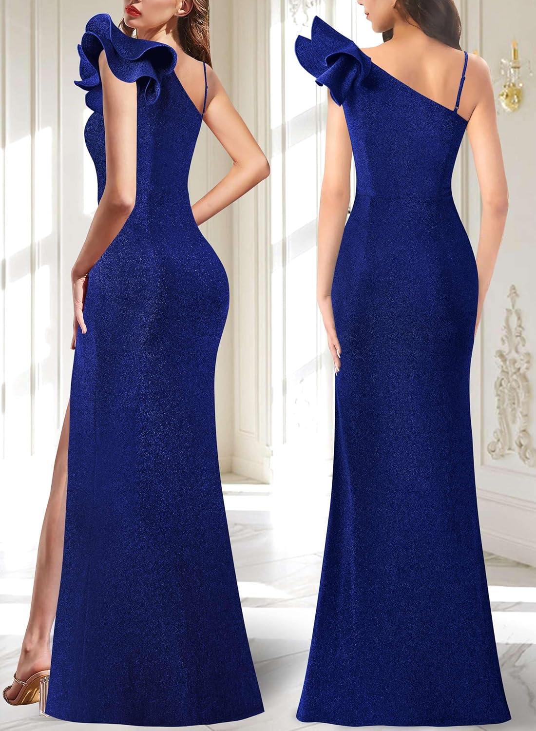 VFSHOW Womens Ruffle One Shoulder Strap Ruched Formal Prom Wedding Maxi Dress V Neck Elegant Split Cocktail Evening Long Gown