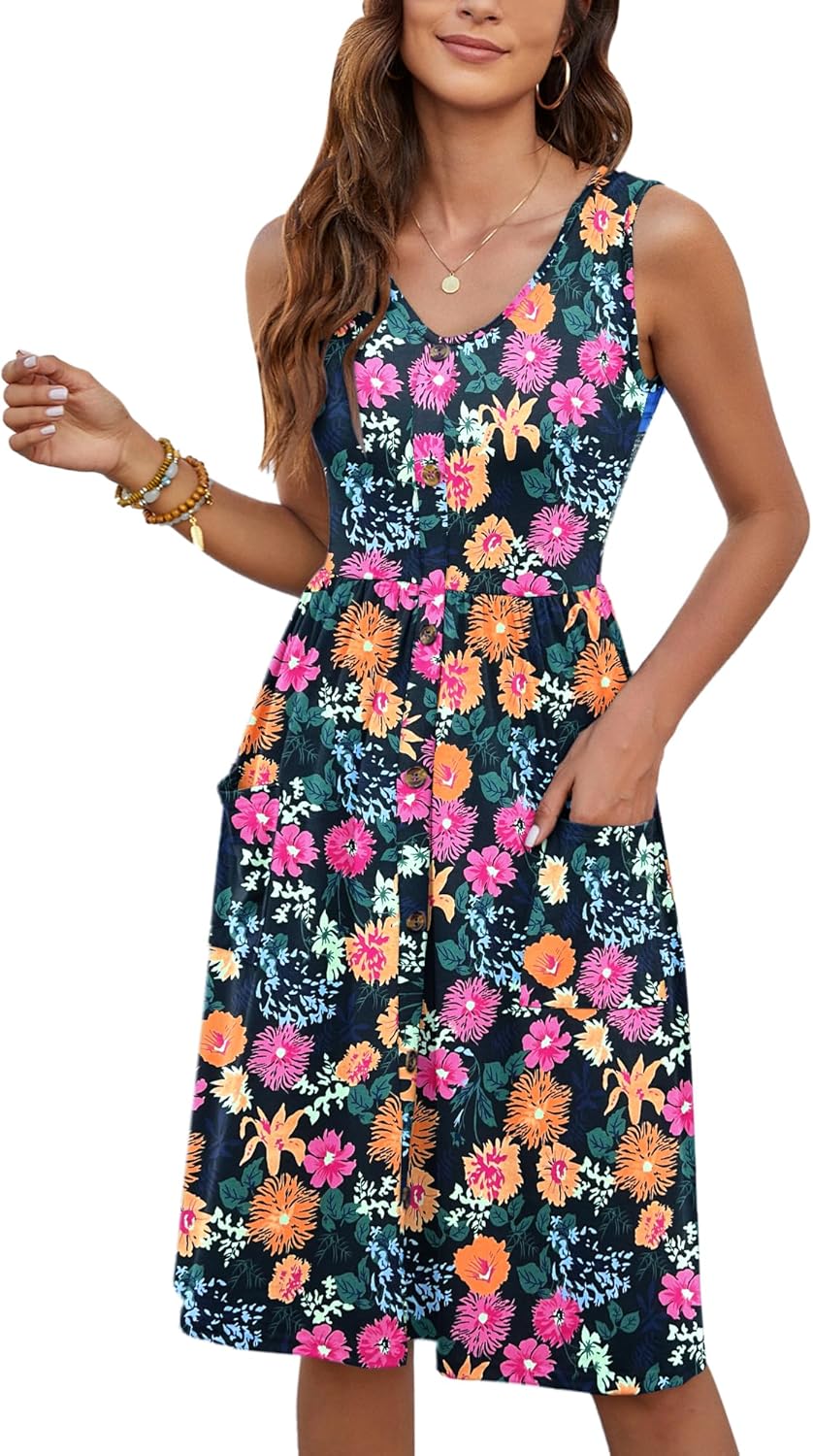 MOLERANI Women Summer Dresses Sleeveless Casual Loose Swing Button Down Midi Dress with Pockets